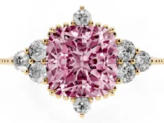 Fancy Pink Cushion Cut Diamond Cluster Ring Set in Yellow gold with Beaded Band
