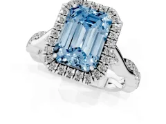 Fancy Blue Emerald Cut Diamond Halo Twist Band Solitaire Ring Set in Silver with Prong Setting