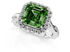 Fancy Green Asscher Cut Diamond Halo Twist Band Solitaire Ring Set in Platinum with Prong Setting