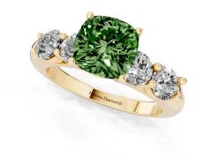 Fancy Green Cushion Cut Diamond Five-Stone Prong Set Ring Set in Yellow gold with Classic Band