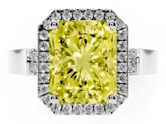 Fancy Yellow Radiant Cut Diamond Halo Ring Set in White gold with Pavé-Lined Split Shank Band
