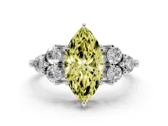 Fancy Yellow Marquise Cut Diamond Solitaire Ring Set in White gold with Cluster Accents on Each Side