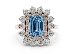 Fancy Blue Emerald Cut Diamond Floral Double Halo Ring Set in Rose gold with Round Petals