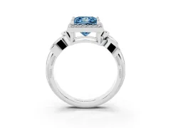 Fancy Blue Princess Cut Diamond Halo Floral Band Ring Set in White gold with Prong Setting