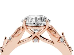 Round Cut Diamond Solitaire Ring Set in Rose gold with Leaf Motif Band