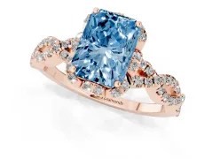 Fancy Blue Radiant Cut Diamond Halo Twist Band Solitaire Ring Set in Rose gold with Prong-Set Center Stone