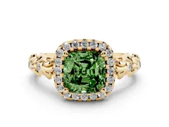 Fancy Green Cushion Cut Diamond Halo Ring Set in Yellow gold with Filigree Leaf Band and Prong Setting