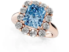 Fancy Blue Radiant Cut Diamond Halo Cluster Engagement Ring Set in Rose gold with Polished Band and Prong Setting