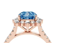 Fancy Blue Cushion Cut Diamond Halo Ring Set in Rose gold with Pavé Band and Prong Setting