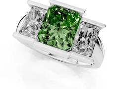 Fancy Green Radiant Cut Diamond Three-Stone Channel Set Ring Set in White gold with Smooth Polished Band