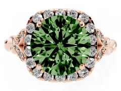 Fancy Green Round Cut Diamond Halo Engagement Ring Set in Rose gold with Vintage-Inspired Band and Prong Setting