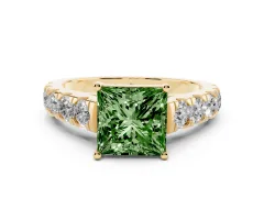 Fancy Green Princess Cut Diamond Solitaire Ring Set in Yellow gold with Cut-Down Micro Pavé Band and Prong Setting