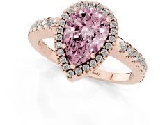 Fancy Pink Pear Cut Diamond Halo Ring Set in Rose gold with Pavé Shoulders and Halo-Framed Center