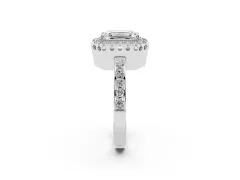 Emerald Cut Diamond Halo Ring Set in Silver with Pavé Shank and Prong Setting
