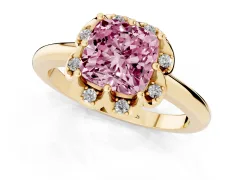 Fancy Pink Cushion Cut Diamond Round Cluster Halo Ring Set in Yellow gold with Solitaire Band and Prong Setting