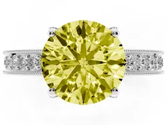 Fancy Yellow Round Cut Diamond Solitaire Ring Set in White gold with Milgrain-Edged Pavé Band and Prong Setting