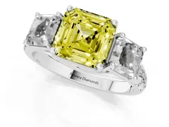 Fancy Yellow Asscher Cut Diamond Three-Stone Ring Set in Silver with Pavé Band