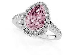 Fancy Pink Pear Cut Diamond Halo Pavé Engagement Ring Set in Platinum with Prong Setting