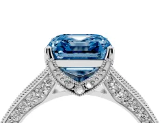 Fancy Blue Asscher Cut Diamond Solitaire Ring Set in Platinum with Milgrain-Edged Pavé Band and Prong Setting