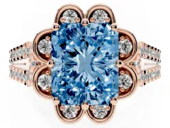 Fancy Blue Radiant Cut Diamond Floral Halo Split Shank Engagement Ring Set in Rose gold with Pavé Shank