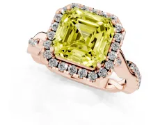 Fancy Yellow Asscher Cut Diamond Halo Twist Band Solitaire Ring Set in Rose gold with Prong Setting