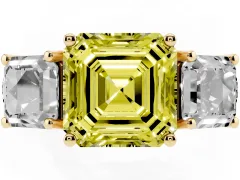 Fancy Yellow Asscher Cut Diamond Three-Stone Ring Set in Yellow gold with Pavé Band