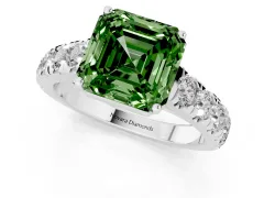 Fancy Green Asscher Cut Diamond Solitaire Ring Set in White gold with Cut-Down Micro Pavé Band and Prong Setting