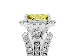 Fancy Yellow Oval Cut Diamond Halo Split Shank Ring Set in Silver with Round Accent Stones and Prong Setting