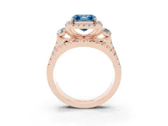 Fancy Blue Asscher Cut Diamond Halo Split Shank Ring Set in Rose gold with Round Accent Stones and Prong Setting