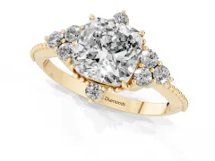 Cushion Cut Diamond Cluster Ring Set in Yellow gold with Beaded Band