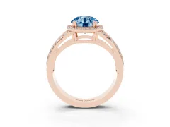 Fancy Blue Round Cut Diamond Halo Ring Set in Rose gold with Double Pavé Split Shank