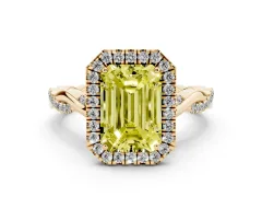 Fancy Yellow Emerald Cut Diamond Halo Twist Band Solitaire Ring Set in Yellow gold with Prong Setting