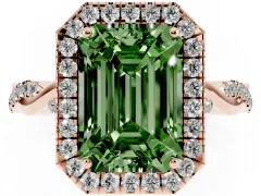 Fancy Green Emerald Cut Diamond Halo Twist Band Solitaire Ring Set in Rose gold with Prong Setting