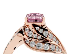 Fancy Pink Emerald Cut Diamond Solitaire Ring Set in Rose gold with Layered Twist Pavé Band