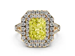 Fancy Yellow Radiant Cut Diamond Double Halo Ring Set in Yellow gold with Pavé Split Shank and Prong Setting