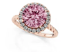 Fancy Pink Round Cut Diamond Halo Ring Set in Rose gold with Plain Twisted Band