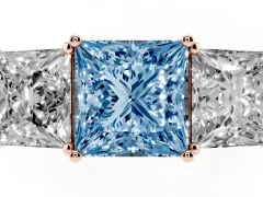 Fancy Blue Princess Cut Diamond Three-Stone Ring Set in Rose gold with Textured Band