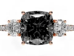 Fancy Black Cushion Cut Diamond Three-Stone Ring Set in Rose gold with Pavé Band and Graduated Sides