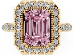 Fancy Pink Emerald Cut Diamond Halo Ring Set in Yellow gold with Pavé Shank and Prong Setting