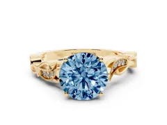 Fancy Blue Round Cut Diamond Vine Band Solitaire Ring Set in Yellow gold with Milgrain Prong Setting
