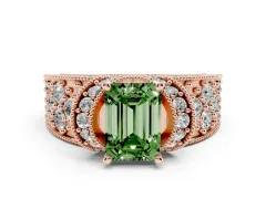 Fancy Green Emerald Cut Diamond Milgrain Halo Pavé Engagement Ring Set in Rose gold with Prong Setting