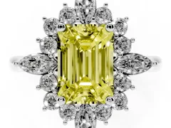 Fancy Yellow Emerald Cut Diamond Cluster Halo Ring Set in Silver with Marquise and Round Accents