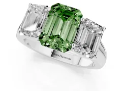 Fancy Green Emerald Cut Diamond Three-Stone Ring Set in White gold with Plain Polished Band