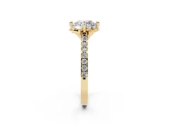 Round Cut Diamond Solitaire Ring Set in Yellow gold with Pavé Band and Floral Prong Setting