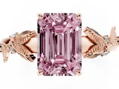 Fancy Pink Emerald Cut Diamond Solitaire Ring Set in Rose gold with Leaf Motif Band