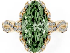 Fancy Green Marquise Cut Diamond Halo Twist Band Solitaire Ring Set in Yellow gold with Prong-Set Center Stone
