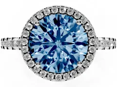 Fancy Blue Round Cut Diamond Halo Ring Set in Platinum with Pavé Shoulders and Halo-Framed Center