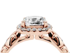 Cushion Cut Diamond Halo Ring Set in Rose gold with Filigree Leaf Band and Prong Setting