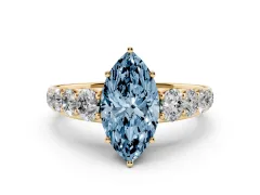 Fancy Blue Marquise Cut Diamond Solitaire Ring Set in Yellow gold with Pavé-Set Band and Prong Setting