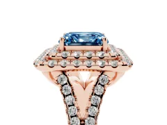 Fancy Blue Asscher Cut Diamond Double Halo Ring Set in Rose gold with Pavé Split Shank and Prong Setting